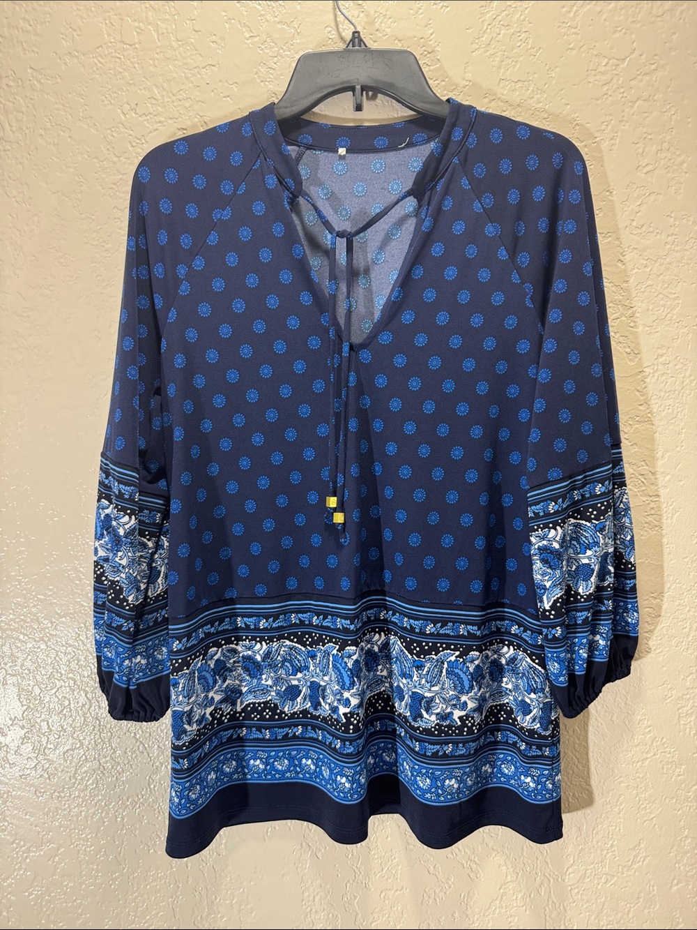 Michael Kors Blue Boho Border Print Tie-Neck Blouse Women’s 3/4 Sleeve Top [L]